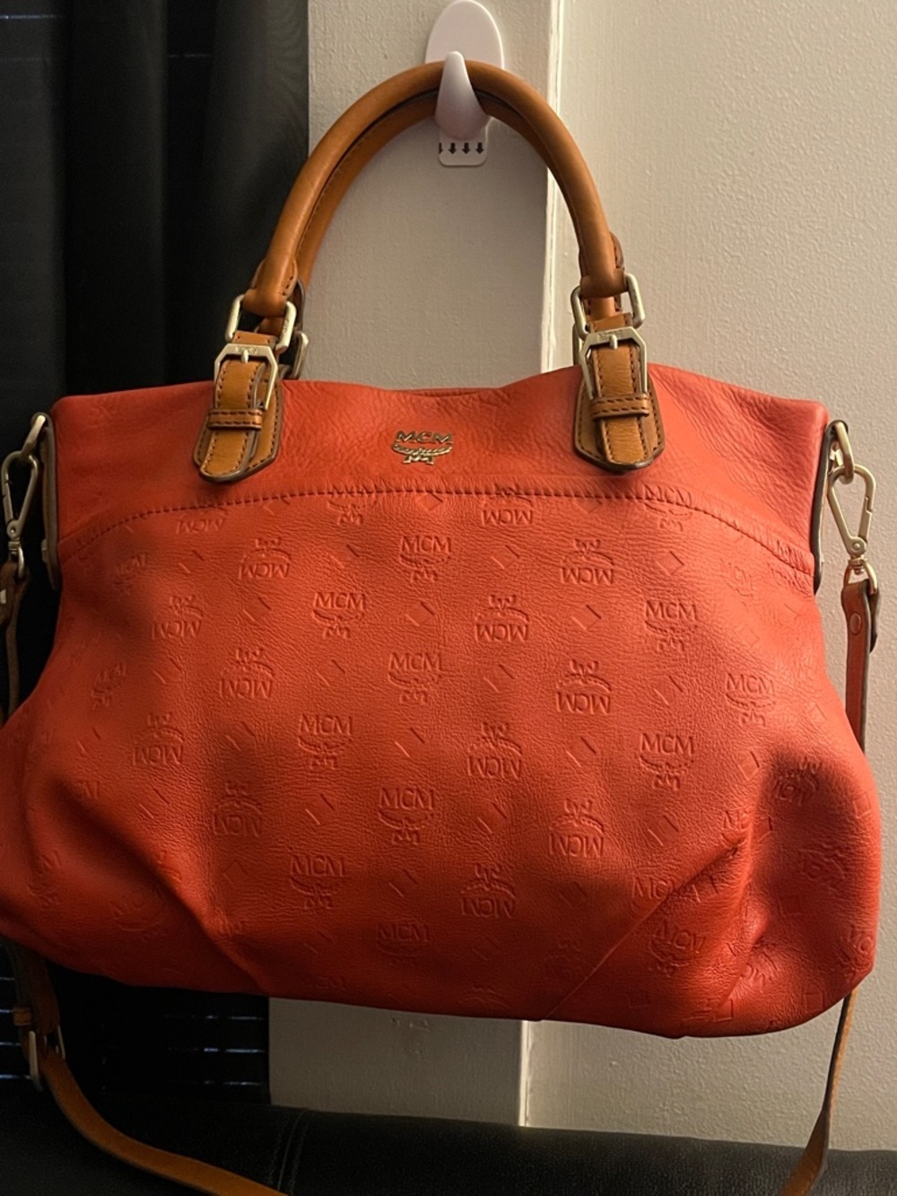 MCM Orange Embossed Leather Medium Two-way Bag W/ Detachable Strap EUC